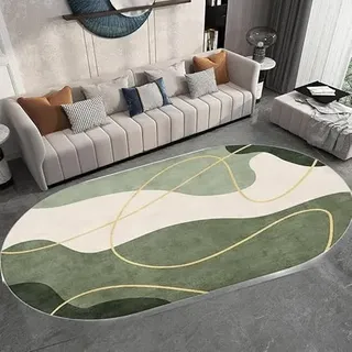 Ovaler Teppich, Wohnzimmer, Schlafzimmer, weich, oval, rutschfest, Kurzflor, maschinenwaschbar, modern, abstrakt, Grün, 120 x 160 cm