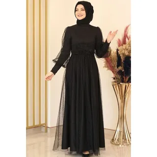fashionshowcase Abendkleid silbriges Tüllkleid Abiye Abaya Hijab Kleid Maxikleid (SIMLI GAMZE) (ohne Hijab) Hoher Kragen, kein Ausschnitt. schwarz 42(EU 40)