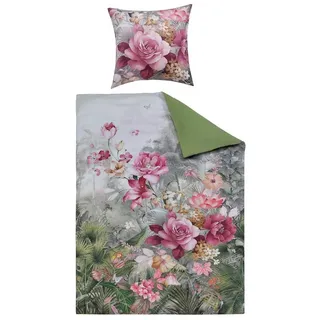 Bettwäsche ROSALIE, 155 x 220 cm, Pink, Grün, Grau, Satin, 2 teilig, florales Muster, mit Reißverschluss bunt|grau|grün