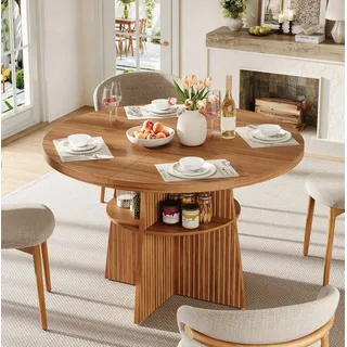 MODFU Esstisch Kompakter Ausziehtisch – 110–150×110×77,5 cm für 2–8 Personen (Packung, 1-St., Walnuss, für Esszimmer & Familienfeiern), Walnussoptik, Ablage, Kreuzgestell, vielseitig