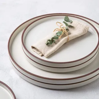 LERATIO Speiseteller, 27 cm, flache Keramikteller, 6 Stück, hohe Kanten, moderne Teller für Küche, mikrowellen-, spülmaschinen- und ofenfest, kratzfestes Geschirr-Set, weiß mit Rand