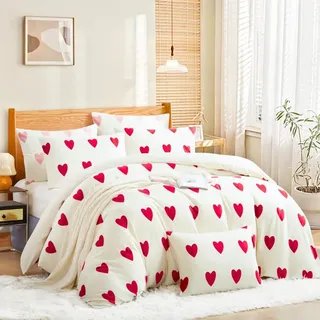 Nayoroom Biber Bettwäsche 220x240 Weiß mit Rot Herzen Muster Winter Fleece Bettwäsche-Sets 3 Teilig Herz Cashmere Touch Warm Flauschige Flanell Weihnachten Plüsch Bettbezug und 2 Kissenbezüge 80x80 cm