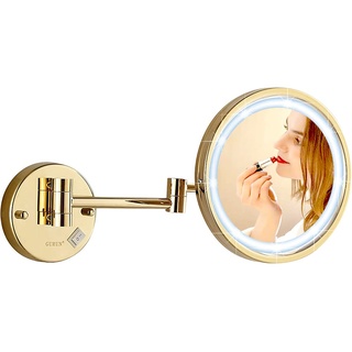 DOWRY Kosmetikspiegel mit Beleuchtung Wandmontage Gold Schminkspiegel mit 10X Vergrößerung - 3 Farben Lichtern - 360° Schwenkbar Erweitert - Vergrößerungsspiegel mit Licht, Ø21.5 cm