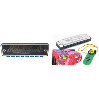 HOHNER MELODY STAR & Voggy ́s Mundharmonika Set Volt-Mundharmonika C-Dur Neopren-Tasche Mundharmonika-Schule Buch CD (diatonisch, Blue Harp, Richter Modell, Metall), silber/bunt