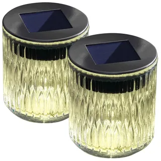 Lunartec Kabellose Lampen: 2er-Set Solar-LED-Windlicht aus Echtglas mit tollem Lichtmuster, IP44 (Solar Teelicht Leuchten, Windlichter Garten, Kugel)
