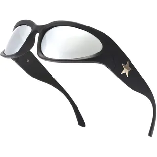 Long Keeper Polarisierte Sport Sonnenbrille Herren Damen Y2K Sonnenbrille Polarisiert Fahrradbrille Sportbrille Wrap Around Brille (Schwarz #Sternentempel, Silber verspiegelt)