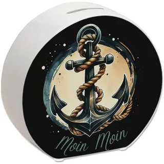 Anker mit Seil Spardose mit Spruch Moin Moin Eisenanker Umschlungenes Seil Marine Nautik Schiff Boot Dekorative Sicherung