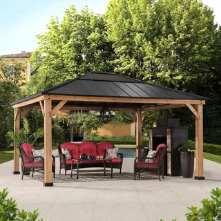 SUNJOY 3,9x4,5 m Holzpavillon mit lichtdurchlässigem Dachfenster, Pavillon Holz wasserdicht stabil Winterfest, Hardtop Stahldach, 14 cm Pfosten, Gartenpavillon für Terrasse & Deck