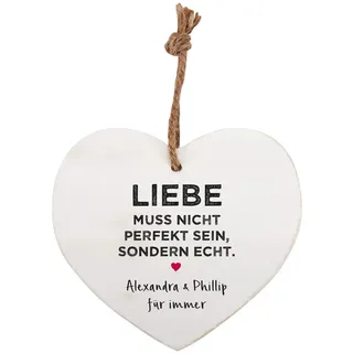 Herz & Heim® Deko Herz zum Hinhängen Weiß Holz mit Personalisierung für Liebende zum Valentinstag Echte Liebe