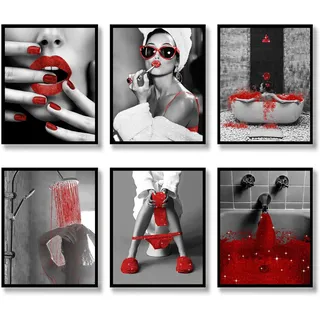 HUZAIGEGE Wandkunstdrucke für Badezimmer, modische Frau, Wanddekoration, Leinwanddruck, Dusche, Badewanne, Poster, Bilder, Fotos, Badezimmer-Kunstwerk, schwarz-weiß, moderne Dekoration (rot, 20,3 x