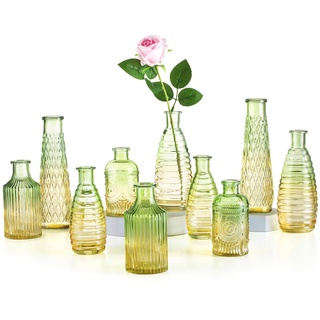 Kleine Vasen Set Bunte Glasvase: Hewory 10er Kleine Vasen für Tischdeko, Grün Vase Glas Glasflaschen Vintage Blumenvase, Verschiedene Groessen Vasen Deko Mini Vasen für Deko Wohnzimmer Room Decor