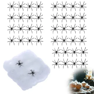 NOPKESV 200g Dehnbare Spinnennetze & 40 Künstliche Spinnen Halloween Deko Set, Perfekt für Innen/Außen, Garten, Tür, Fenster, Kamin, Häuser, Spukhaus & Partyzubehör
