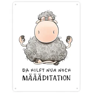 speecheese Schaf Metallschild XXL in 28x38 cm mit Spruch Da hilft nur noch MÄÄÄditation Yoga Meditation Flauschiger Sport Humor Süßes Witziges Schaf Metallschild XXL in 28x38 cm