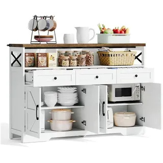 REDOM Sideboard Buffet-Schrank (Buffet-Anrichte 140cm im Landhausstil – Mit Stauraum, 3 Schubladen, 2 Schränken, verstellbaren Einlegeböden, ideal für Küche, Wohnzimmer & Diele, rustikal weiß/braun), Kaffeebar mit 3 Schubladen braun 35 cm x 95 cm x 140 cm