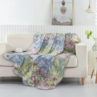 Greenland Home Emma Patchwork-Überwurfdecke, Blumendruck, gesteppt, 152,4 x 127 cm, Grau