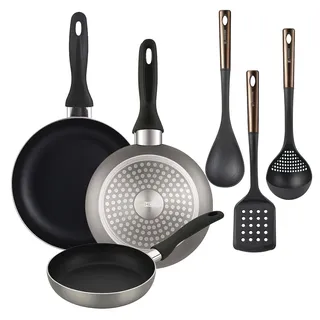 BERGNER - Set aus 3 Pfannen Ø16/20/24cm aus gepresstem Aluminium in metallic-grau mit Set 3 Küchenutensilien aus schwarzem PBT und Kupfer