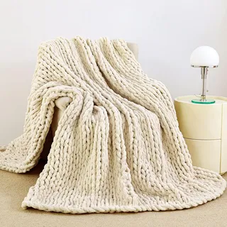 Admitrack Grobstrickdecke, 51% Handgestrickte Chenille-Wohndecke für Sofa und Wohn-Deko, weiche und gemütliche Strickdecke, Elfenbein, 129,5 x 160 cm