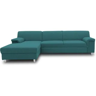 DOMO. collection Ecksofa Junin, Longchair Links mit Bettfunktion, Petrol | Longchair links mit Bettfunktion, L-Form Sofa, Metallfüße in Chromoptik, Schlaffunktion, 251 x 150 x 72 cm (BxTxH), petrol