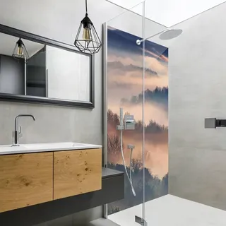 Duschrückwand Wald selbstklebend - 0.61 mm Wandpaneel wasserfest Sonnenuntergang beige Motiv Badrückwand fugenlos  Premium matt 80x210 cm - Beige
