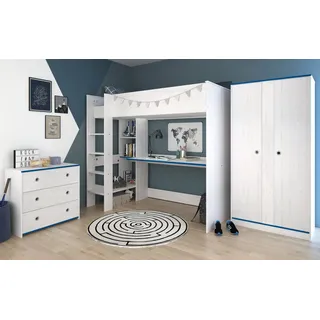 Parisot Jugendzimmer-Set Tivaro, (Kinderzimmer 3-teilig mit Hochbett, Kommode, und Kleiderschrank), integrierter Schreibtisch weiß