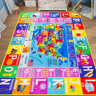 ABC-Kinderteppich für Spielzimmer, 200 x 150 cm, Klassenzimmer, Spielteppich, pädagogische Baby-Spielmatte, Alphabet-Teppich, Staatssymbole, ABC-Buchstaben, Zahlen, Jahreszeiten und Formen