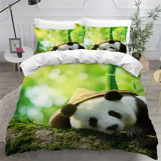 AKATIE Bettwäsche 155x220 Panda Bettbezug 3D Druck flauschig Hypoallergen Bettwäsche-Set 3Teilig Teenager Jungen Mädchen Mikrofaser Bunt Bambus Grün Betten Set