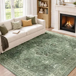 INOVADAY Teppich Wohnzimmer Waschbar 150x210 cm Retro Grün/Dunkelgrün/Grau | Teppich Schlafzimmer, Vintage Teppich Waschbar, Esszimmer, Büro, Kurzflor Rutschfest, Boho, Retro, Weich, OEKO, Gedruckte