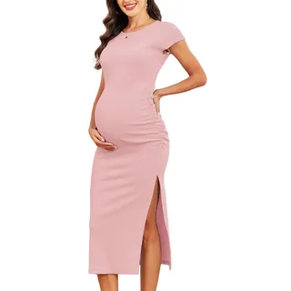 AISWI 2025 Damen Split Umstandskleid fein gerippt gerafft Schwangerschaftskleidung Babypartykleider, 1. Rosa, X-Groß - XL