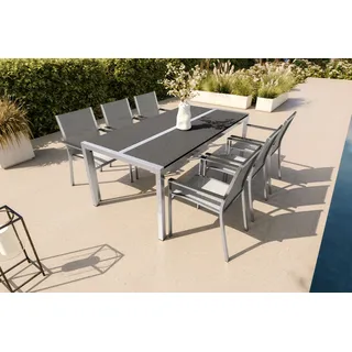 STERN Cardiff Gartenessgruppe, silbergrau, Edelstahl/Textilene, Tisch 200 x 100 cm, 6 Stapelstühle, pflegeleicht, witterungsbeständig