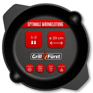 Grillfürst Gusseisenpfanne Grill mit Zwei Henkel-Griffen Ø 20 cm - Massive Gusspfanne mit hohem Rand, extrem hitzebeständige Gusseisen Pfanne für Gasgrill, Herd und Feuer