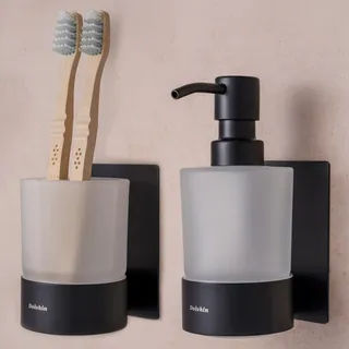 Dolvhin Seifenspender und Zahnputzbecher Set | Milchglas Handseifenspender & Zahnbecher | Edelstahl Zahnputzbecherhalter ohne Bohren | Wandseifenspender zum Kleben | Badezimmer Set | Schwarz Matt
