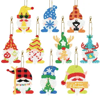 Nirecu 10 Stück Wichtel Diamond Painting Weihnachten Set,5D Diamond Painting Weihnachten Anhänger Kinder,DIY Diamant Malerei Schlüsselanhänger Beidseitig für Weihnachtsbaum Deko Adventskalender