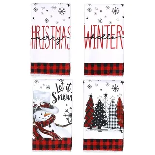 Weihnachts Geschirrtuch Set - 4 Stück, Polyester, Weiß und Rot, 60 x 40 cm