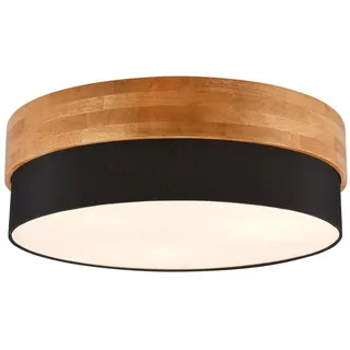 TRIO Leuchten LED Deckenleuchte mit Holz & Stoff-Schirm Ø 50cm, dimmbar, LED wechselbar, Warmweiß, große Deckenlampe skandinavisch, Holz-Lampe Decke rund inkl. E27 LEDs schwarz
