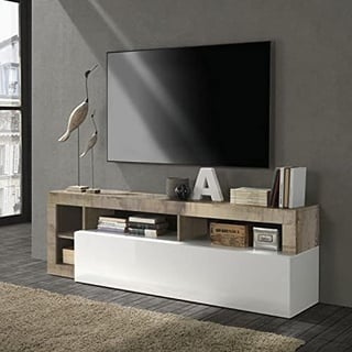 Dmora Moderne TV-Möbel mit Regalen, niedriges Sideboard mit Klapptür, Made in Italy, 184x58xh42 cm, Farbe Weiß und Birne