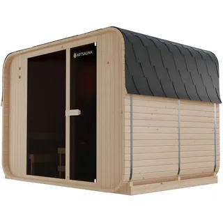 ARTSAUNA® Cube Fasssauna Fjora XXL Natur - Panorama-Sicherheitsglas Front, komfortable Bank mit Trittstufen, 9 kW Ofen, Outdoor Sauna Komplettset für 6 Personen