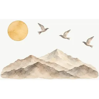 Wandtattoo Kinderzimmer Minimalistische Berge, 5er Set, Berge, Sonne, Wandsticker selbstklebend und ablösbar, 150 x 150 cm - Beige/Bunt