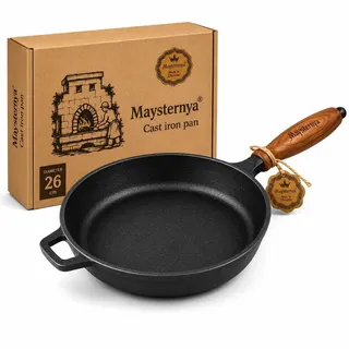 WDMT Bratpfanne aus Gusseisen – ø 26 x 6 cm – Holzgriff – Pfanne für alle Wärmequellen – Pfannen – Grillpfannen – Pfannenset – Grillzubehör – Grill – Küchengeschenk – Geschenk – Schwarz