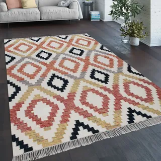 Paco Home Teppich Wohnzimmer Boho Fransen Handgewebt Wolle Baumwolle Rot Schwarz Gelb Creme, Grösse:80x150 cm