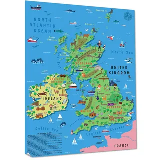 Kinder Wandkarte Vereinigtes Königreich & Irland Karte Poster - Bunt mit Tieren & Sehenswürdigkeiten, pädagogische Dekoration für Kinderzimmer