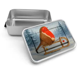 Mr. & Mrs. Panda Butterdose Rotkehlchen Schlitten Design, Lunchbox, Weiß, Metallbox, Vogel, Vespe, Premium Aluminium, (Packung), Metall Brotdose Butterbrotdose Metall Lunchbox weiß