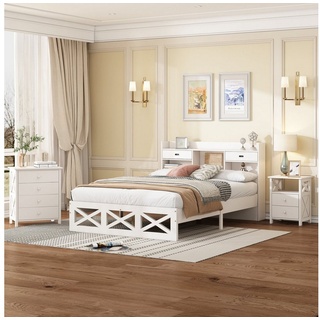 OKWISH Holzbett Doppelbett mit Holz Lattenroste, mit Aufbewahrungsfunktion (Holzbett+Nachttisch+Kommode, 140x200 cm, Nachttisch mit 2 Schubladen und einem Fach, mit X-Muster), Komplettschlafzimmer Set, Modernes Design weiß