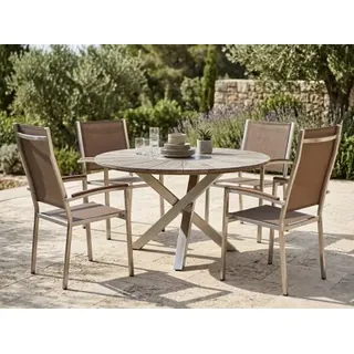 Zebra Oryx-Pontiac Gartenmöbelset, 4 Stapelsessel und 1 Tisch rund 120cm aus recyceltem Teakholz