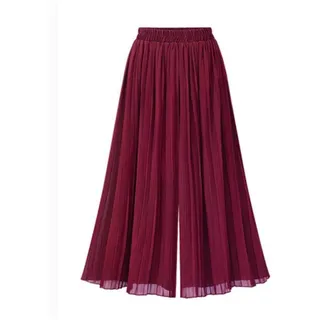 LIUYUYOUGO Stoffhose Damen, Damen-Chiffon-Hose Mit Weitem Bein Einfarbig Plissiert Elastisch Hohe Taille Palazzo-Hose Locker Geschnittene Hose Gerade Beinhose Fließende Culottes-Hose Burgunder, 3XL - 3XL