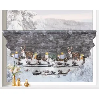 heimtexland Scheibengardine Weihnachten Fensterdeko Gardine Weihnachtsgardine (1 St), Stangendurchzug, halbtransparent, Leinen-Optik, 45x90 cm I durchscheinend I bedruckt I Holz Hirsche bunt