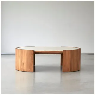 Tikamoon Couchtisch Couchtisch Virgile aus Teakholz und Marmor, 120 beige