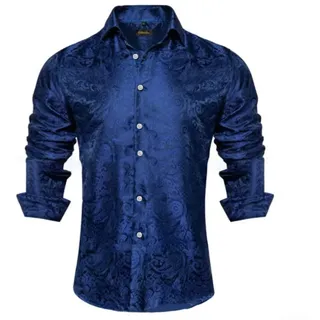 Smoking Style Herren Seidenhemd Langarm mit Paisley Muster für Events (M Blau)