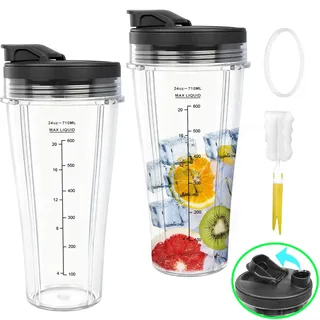 2er Pack 24oz Ersatzbecher kompatibel mit Ninja Blender – Smoothie Becher mit Deckel & Reinigungsbürste – Passend für BN750EU, BN495EU, TB301EU, TB401EU, BN800EU, CB100EU, CB350EU – Mixer Zubehör