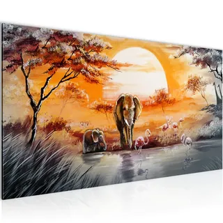 Runa Art Wandbild Afrika Elefant 1 Teilig 100 x 40 cm Modern Bild auf Vlies Leinwand Flamingo Wohnzimmer Schlafzimmer Grau Orange 001112a