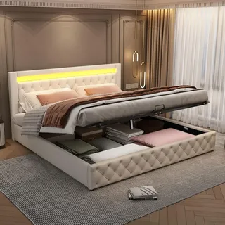 Polsterbett 180 x 200 cm Funktionsbett mit Lattenrost und Stauraum, LED-Beleuchtung, mit Funktion von Aufbewahrung, weiß,PU - Weiß